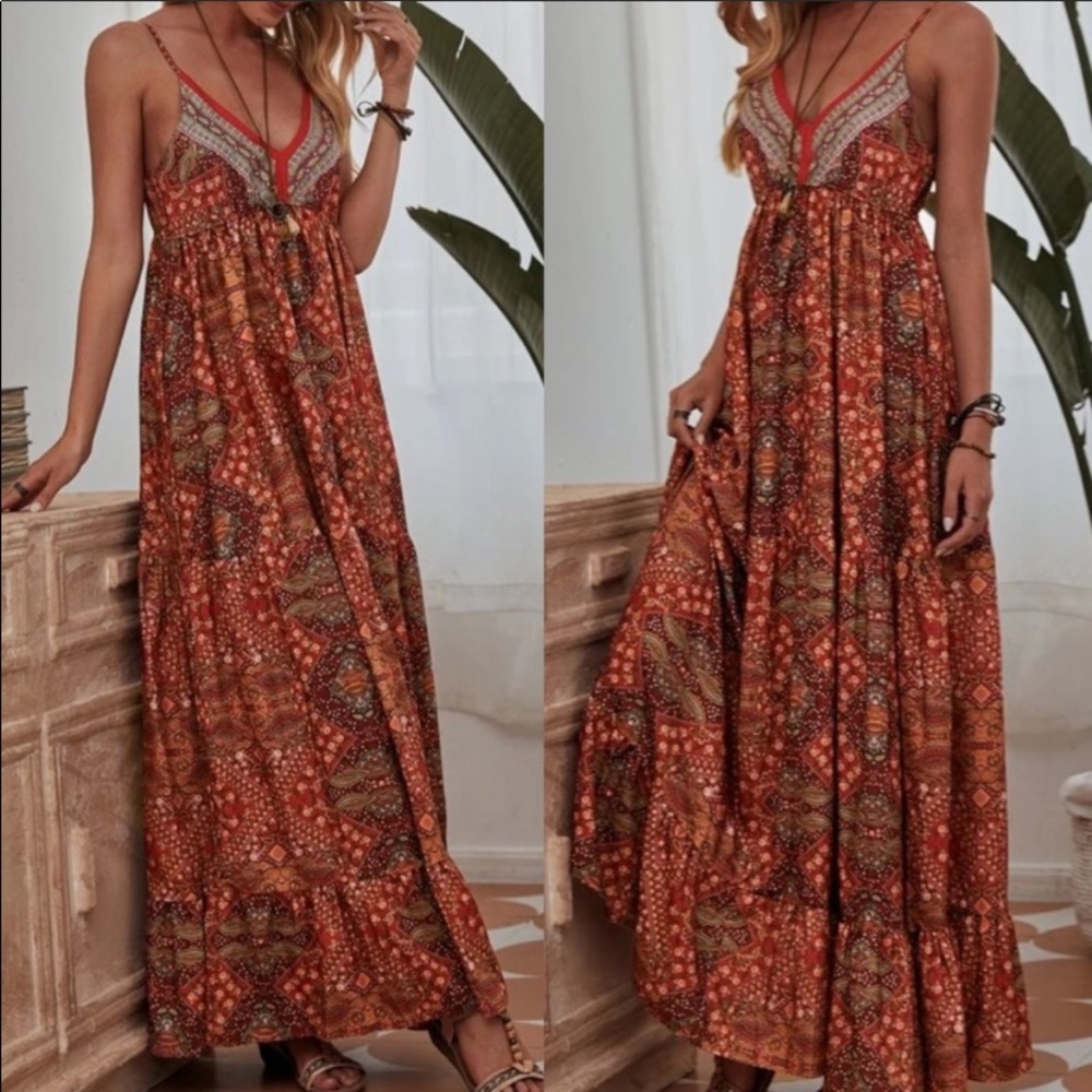 Kara and Kate Burnt Orange and Olive Boho Spaghetti-Strap Maxi Dress - Picture 3 of 5